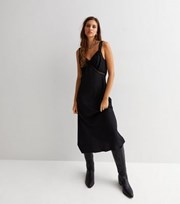 New Look Black Animal Jacquard Satin Lace Trim Midi Slip Dress